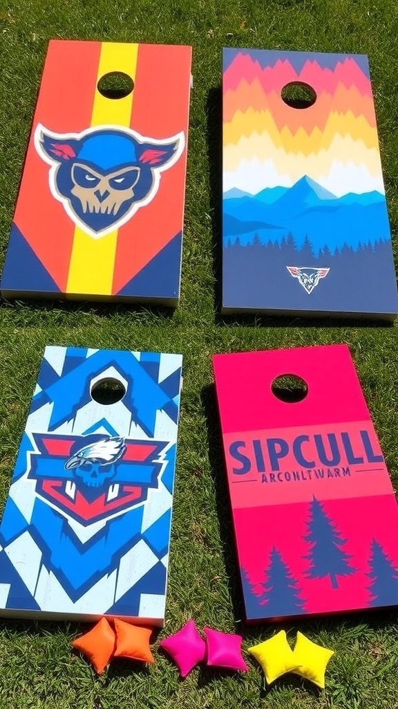 Custom cornhole boards with sports logos and nature designs on a grassy field.
